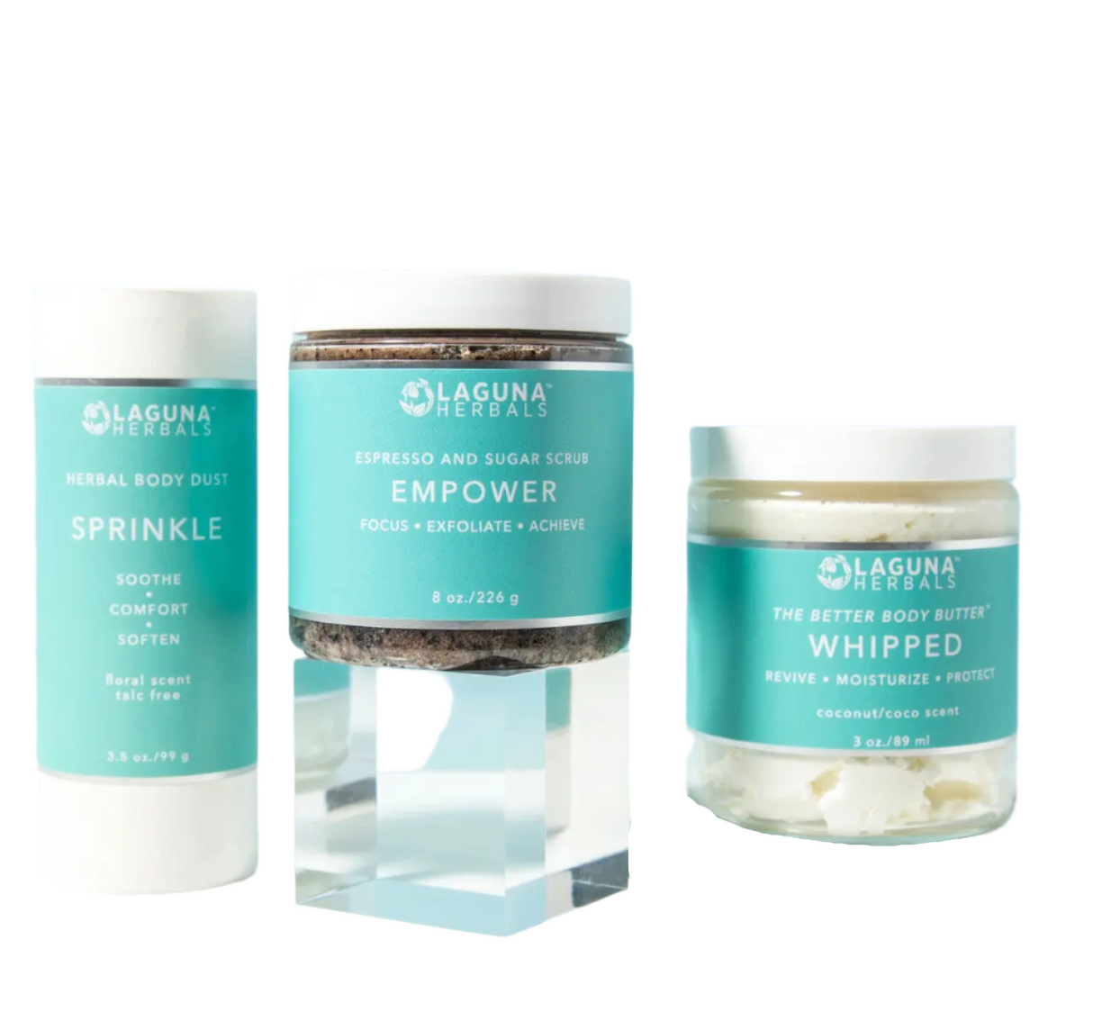 Three Laguna Herbals skincare products on a white background