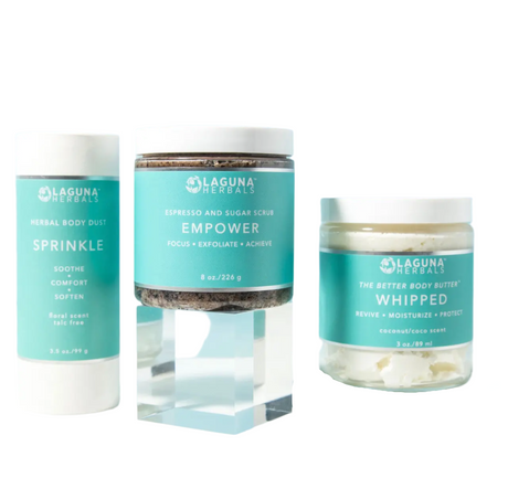 Three Laguna Herbals skincare products on a white background