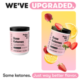 Perfect Keto Base Ketones supplement container with strawberry and lemon flavor on a pink and yellow background.