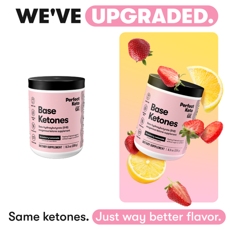 Perfect Keto Base Ketones supplement container with strawberry and lemon flavor on a pink and yellow background.