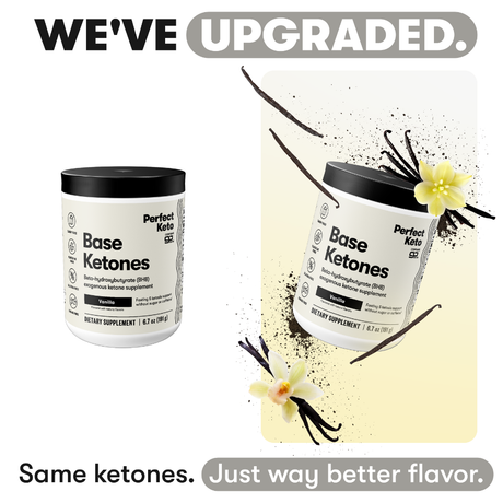 Perfect Keto Base Ketones supplement containers with vanilla flowers on a white background