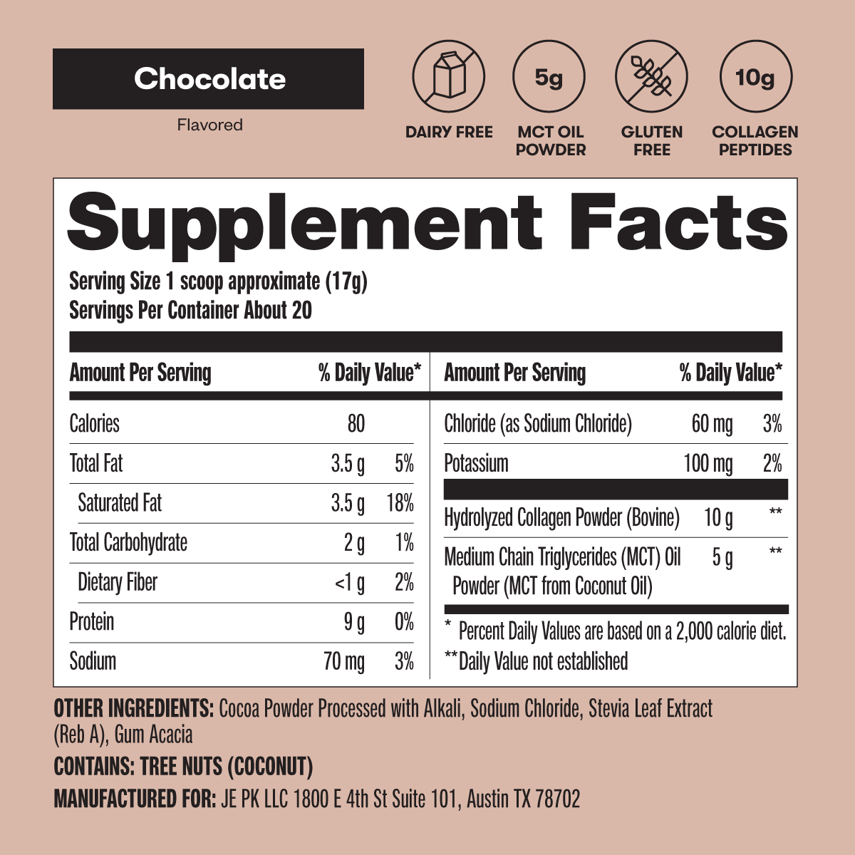 Supplement facts label for a chocolate-flavored product on a beige background