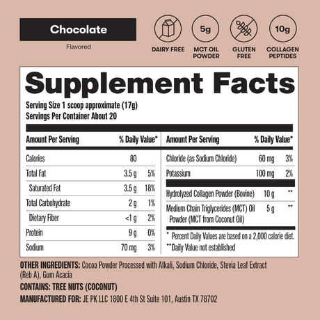 Supplement facts label for a chocolate-flavored product on a beige background
