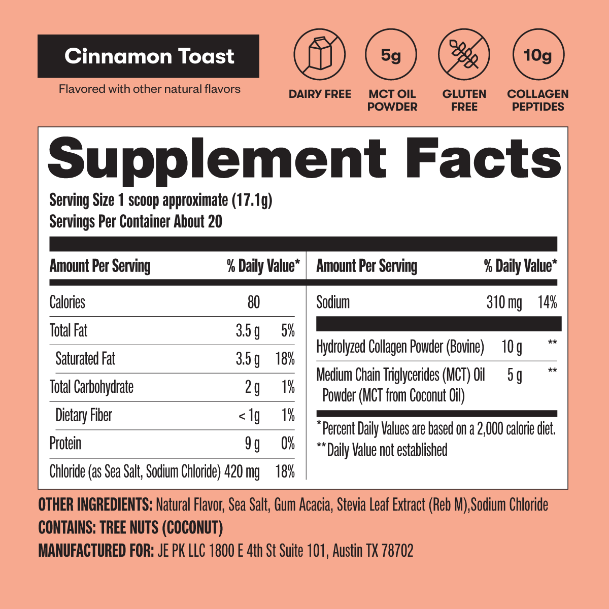 Supplement facts label for Cinnamon Toast with nutritional information on a peach background