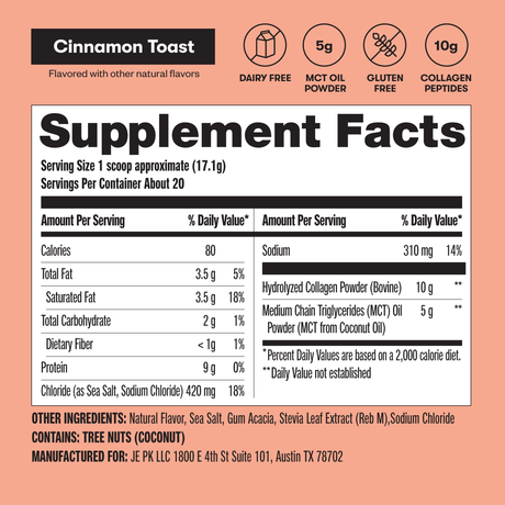 Supplement facts label for Cinnamon Toast with nutritional information on a peach background