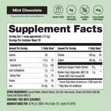 Supplement facts label for a mint chocolate flavored product on a green background