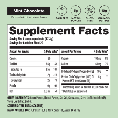 Supplement facts label for a mint chocolate flavored product on a green background