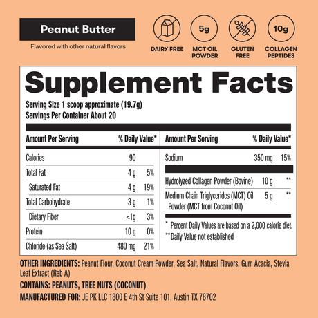 Supplement facts label for peanut butter-flavored supplement on a peach background