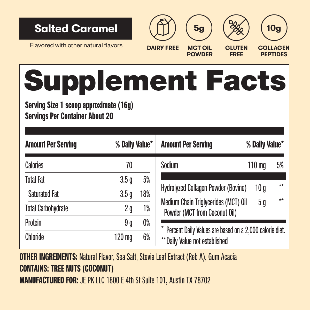 Supplement facts label for a product flavored with salted caramel on a beige background.