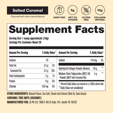 Supplement facts label for a product flavored with salted caramel on a beige background.