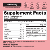 Supplement facts label with strawberry flavor information on a pink background