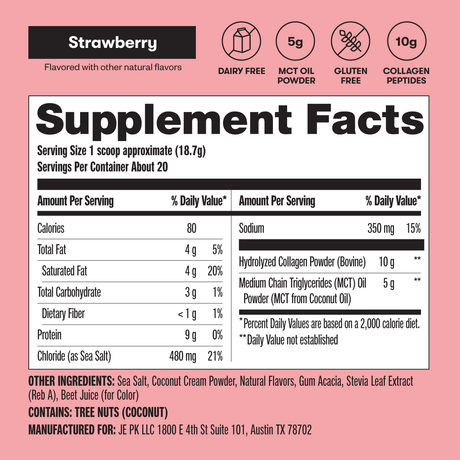 Supplement facts label with strawberry flavor information on a pink background