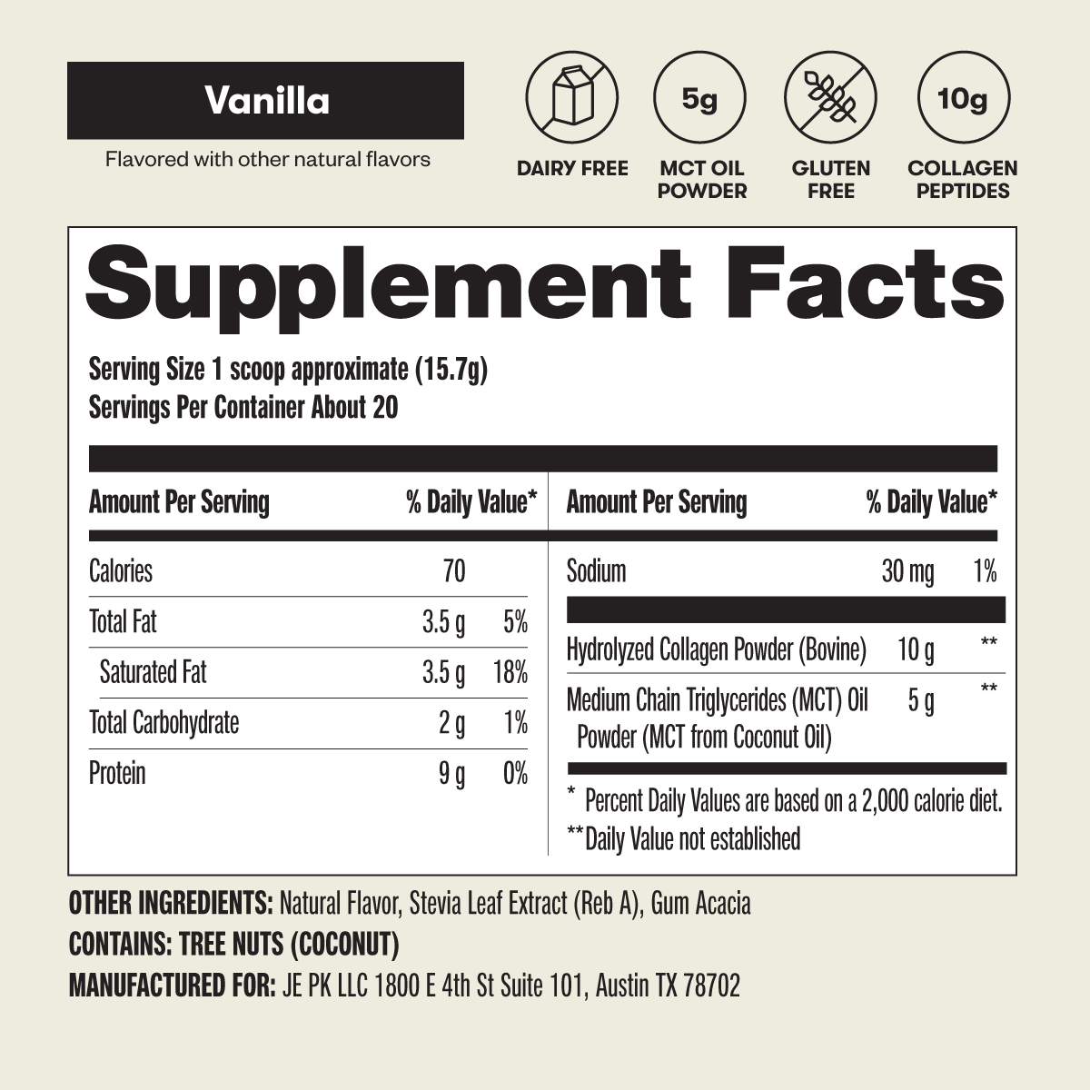 Supplement facts label for a vanilla-flavored product with nutritional information on a beige background.