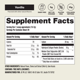 Supplement facts label for a vanilla-flavored product with nutritional information on a beige background.