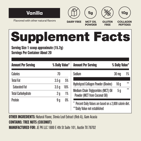 Supplement facts label for a vanilla-flavored product with nutritional information on a beige background.