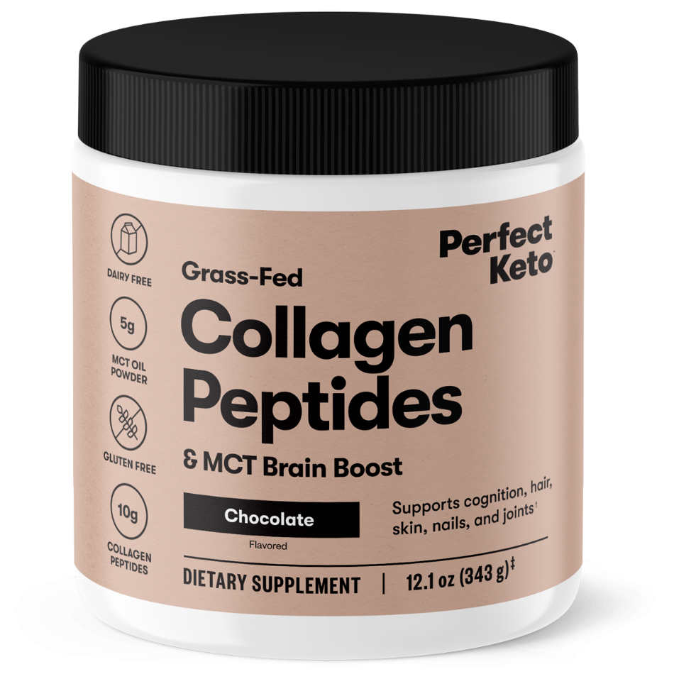 Container of Perfect Keto Collagen Peptides with a black lid on a white background