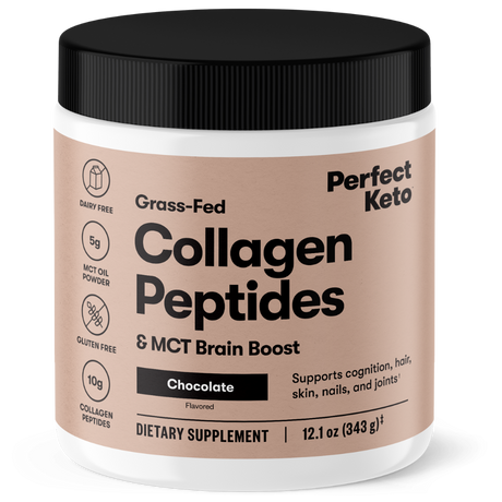 Container of Perfect Keto Collagen Peptides with a black lid on a white background