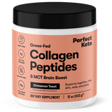Container of Perfect Keto Collagen Peptides with cinnamon toast flavor on a white background