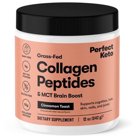 Container of Perfect Keto Collagen Peptides with cinnamon toast flavor on a white background