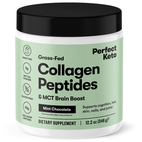 Container of Perfect Keto Collagen Peptides with a green label on a white background
