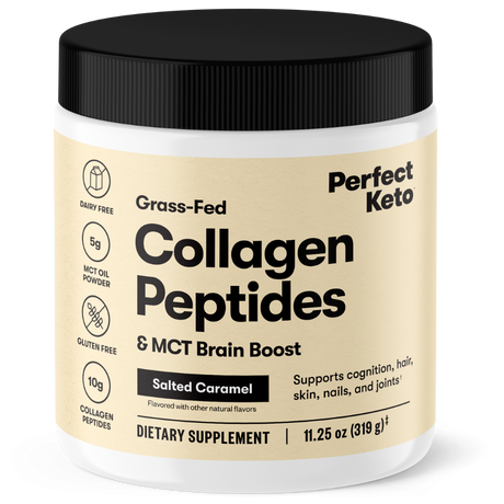 Jar of Perfect Keto Collagen Peptides with a black lid on a white background