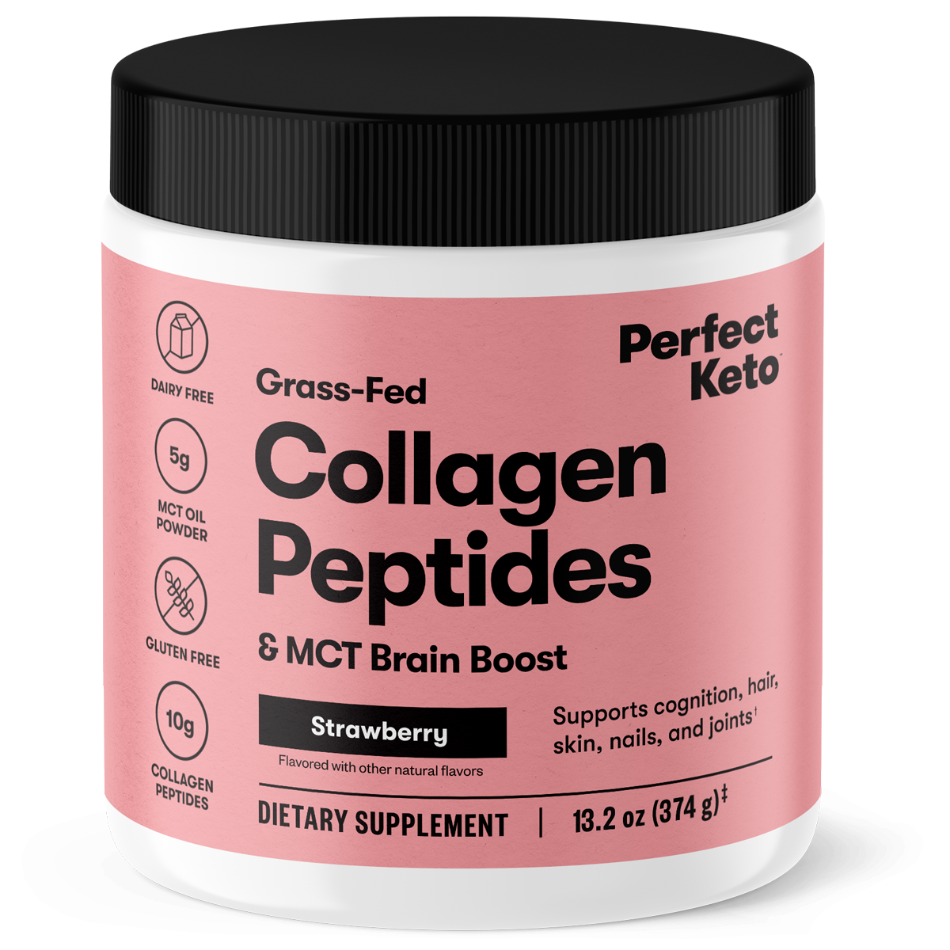 Container of Perfect Keto Collagen Peptides with strawberry flavor on a white background