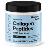 Jar of Perfect Keto Collagen Peptides with a black lid on a white background