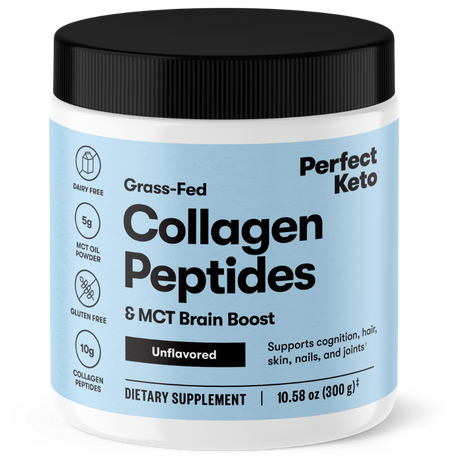 Jar of Perfect Keto Collagen Peptides with a black lid on a white background