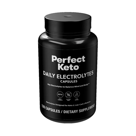 Black supplement bottle labeled 'Perfect Keto Daily Electrolytes' on a white background