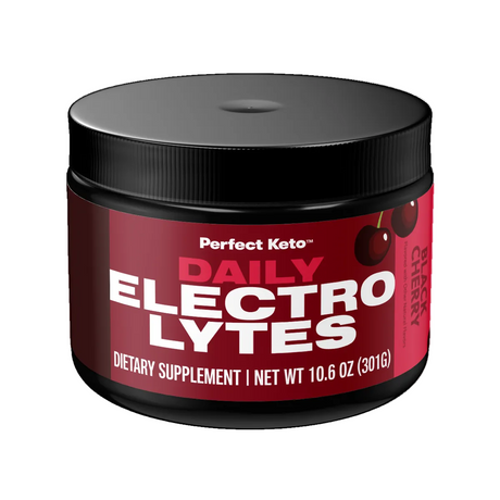 Perfect Keto Daily Electrolytes supplement jar with black lid on a white background