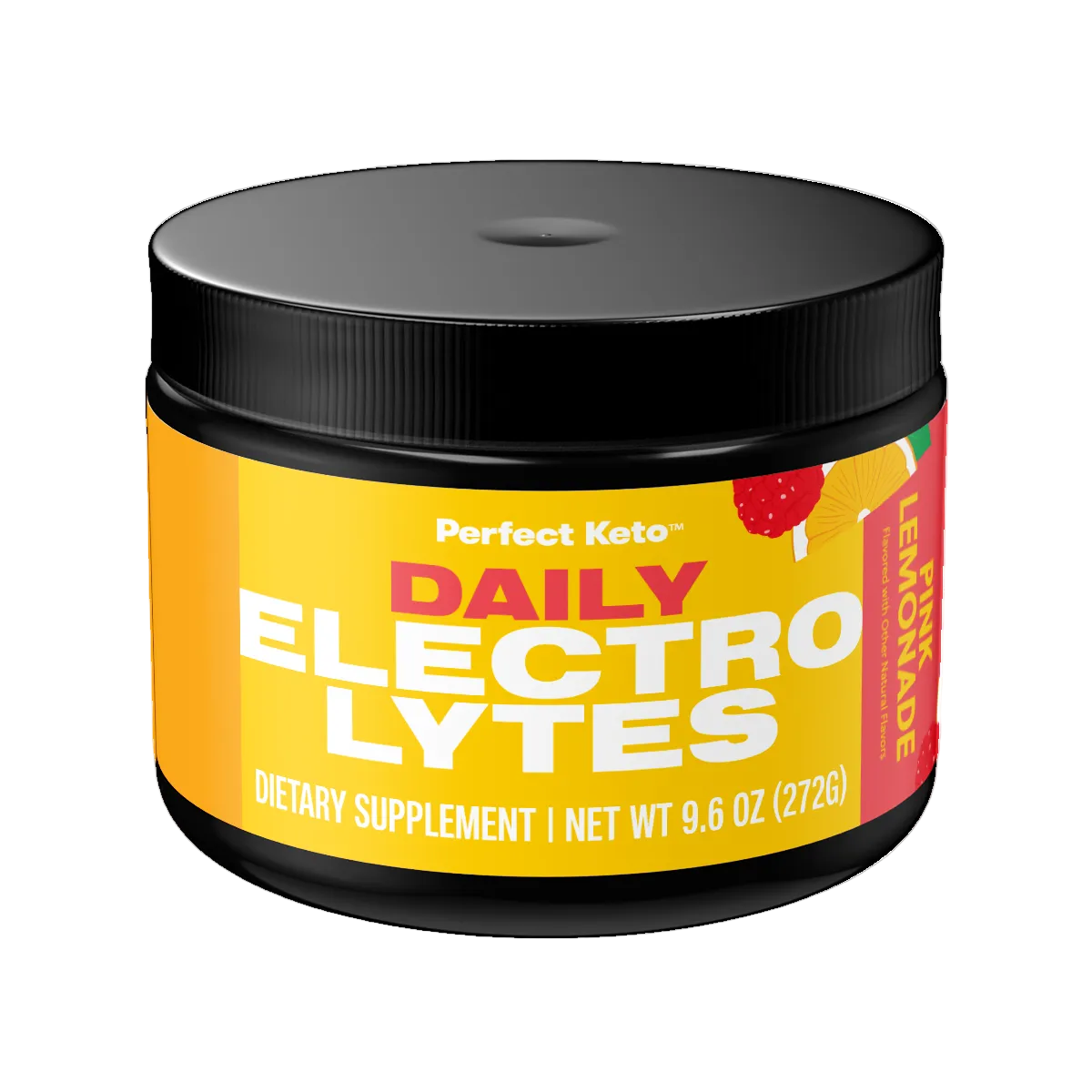 Jar of Perfect Keto Daily Electrolytes with a black lid on a white background