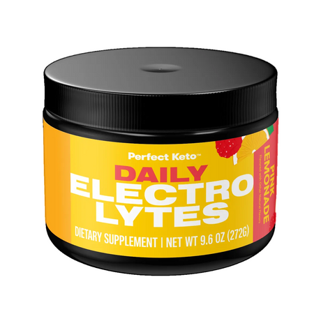 Jar of Perfect Keto Daily Electrolytes with a black lid on a white background