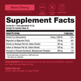 Supplement facts label for a black cherry-flavored supplement on a red background.