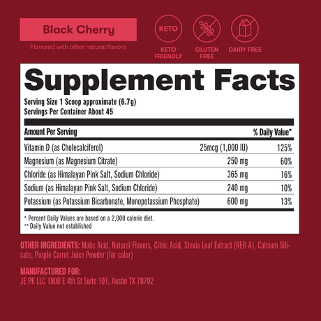 Supplement facts label for a black cherry-flavored supplement on a red background.