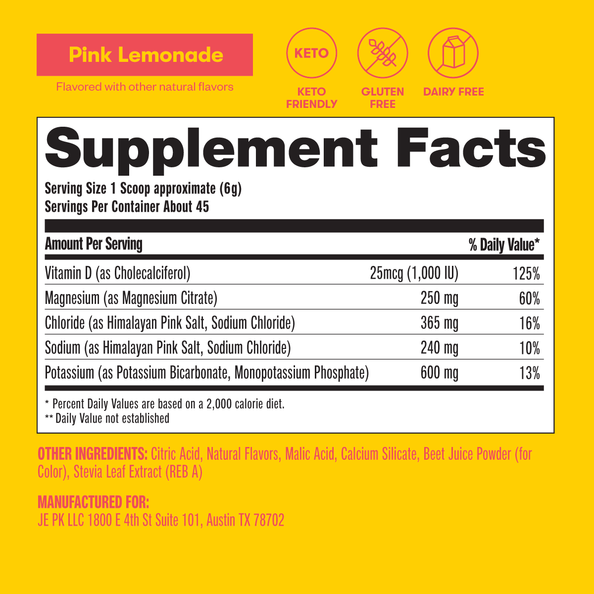 Supplement facts label for Pink Lemonade flavored supplement on a yellow background