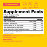 Supplement facts label for Pink Lemonade flavored supplement on a yellow background