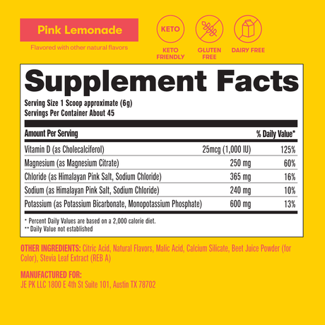 Supplement facts label for Pink Lemonade flavored supplement on a yellow background