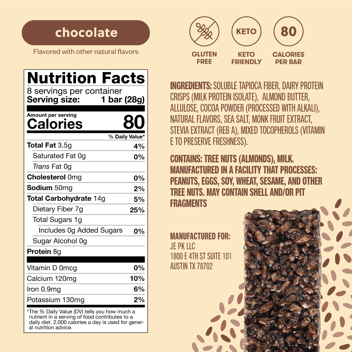 Nutrition facts label and ingredients list for a chocolate-flavored bar on a beige background.
