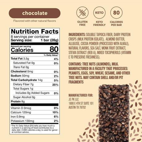 Nutrition facts label and ingredients list for a chocolate-flavored bar on a beige background.