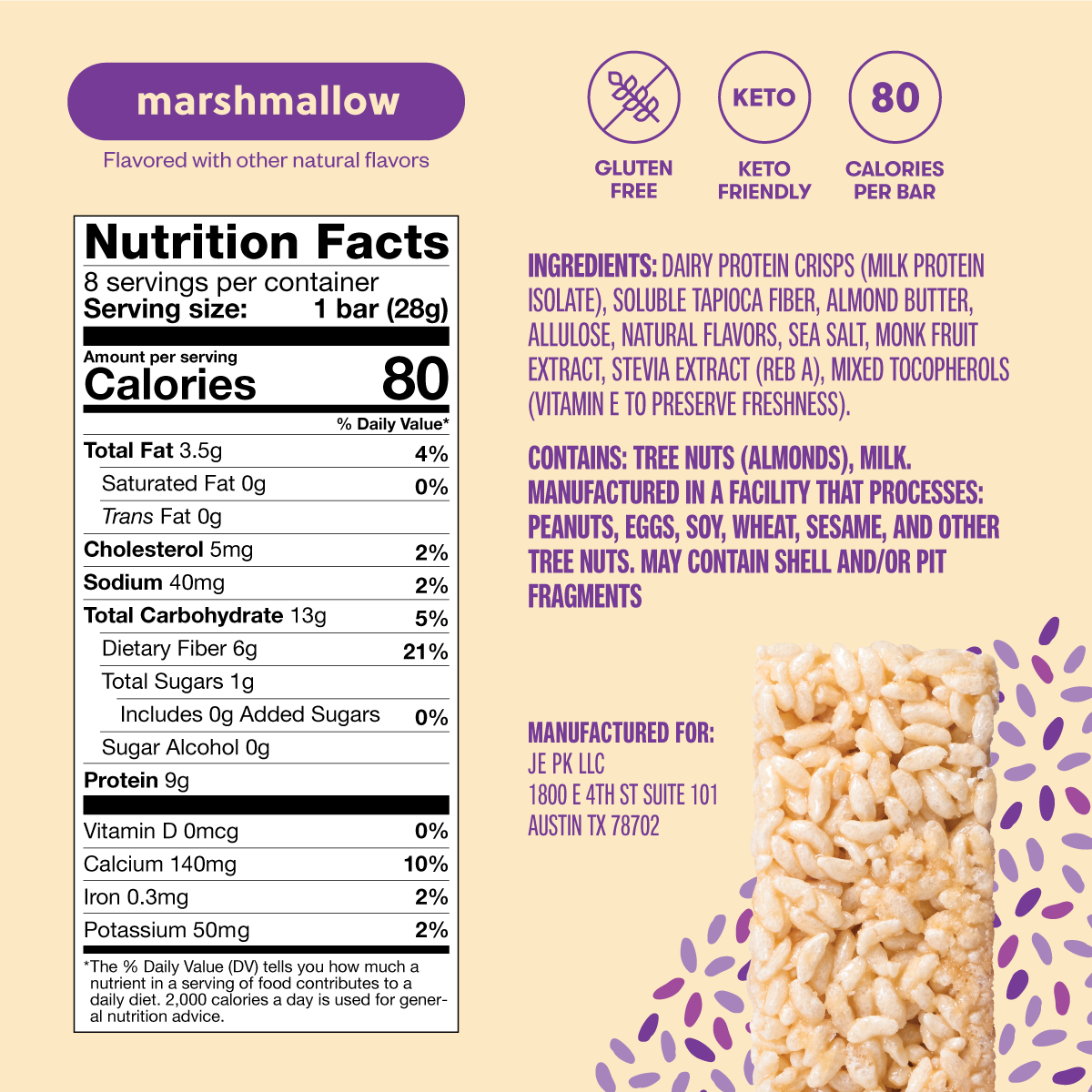 Nutrition facts label and ingredients list for a marshmallow-flavored bar on a light purple background with decorative elements.