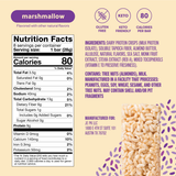 Nutrition facts label and ingredients list for a marshmallow-flavored bar on a light purple background with decorative elements.
