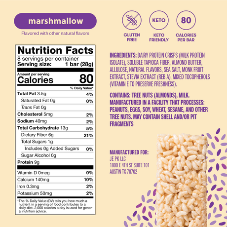 Nutrition facts label and ingredients list for a marshmallow-flavored bar on a light purple background with decorative elements.