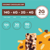 Coconut chocolate chip bar with nutritional information on a teal background