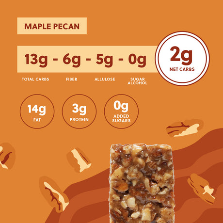 Maple pecan bar with nutritional information on an orange background
