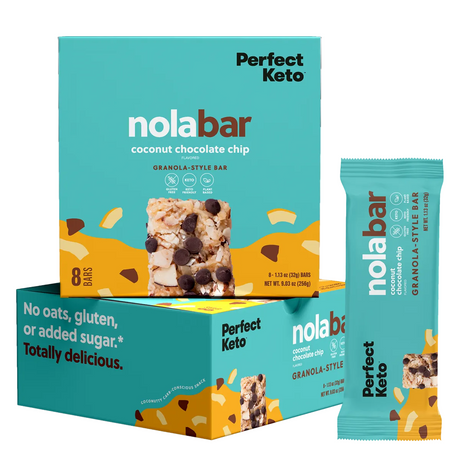 nolabar coconut chocolate chip granola-style bar packaging on a white background