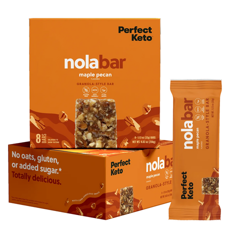 nola bar packaging with 'Perfect Keto' branding on an orange background