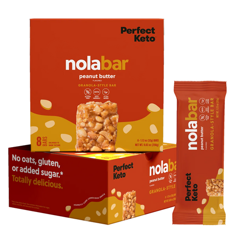 nola bar peanut butter granola-style bars packaging with 'Perfect Keto' branding on a white background