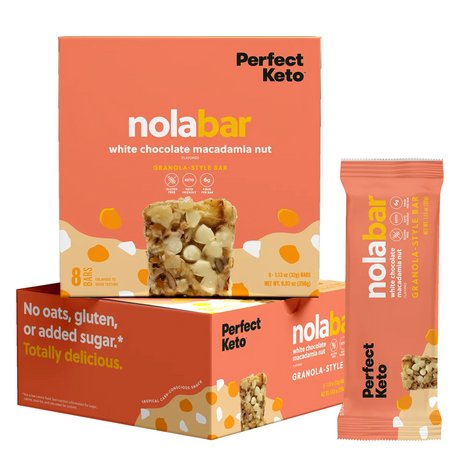 nola bar packaging for white chocolate macadamia nut flavor with 'Perfect Keto' branding.