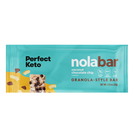 Nola Bar coconut chocolate chip granola-style bar packaging on a white background