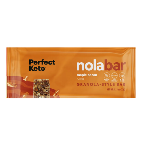 nola bar granola-style bar packaging with 'Perfect Keto' branding on an orange background